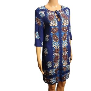 Ella Moss Blue Floral Shift Dress 3/4 Length Sleeves Size M